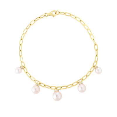 Pearl and Diamond Charm Chain Bracelet, 14K Yellow Gold- URBAETIS Fine Jewelry Pearl and Diamond Charm Chain Bracelet, 14K Yellow Gold- URBAETIS Fine Jewelry