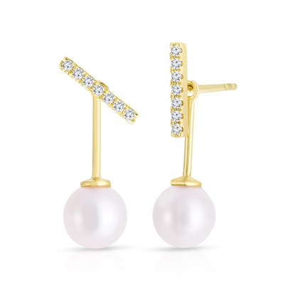 Diamond Bar and Pearl Jacket Earrings, 14K Yellow Gold- URBAETIS Fine Jewelry