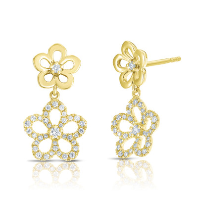 Gold and Diamond Double Flower Dangle Earrings, 14K Yellow Gold- URBAETIS Fine Jewelry Gold and Diamond Double Flower Dangle Earrings, 14K Yellow Gold- URBAETIS Fine Jewelry