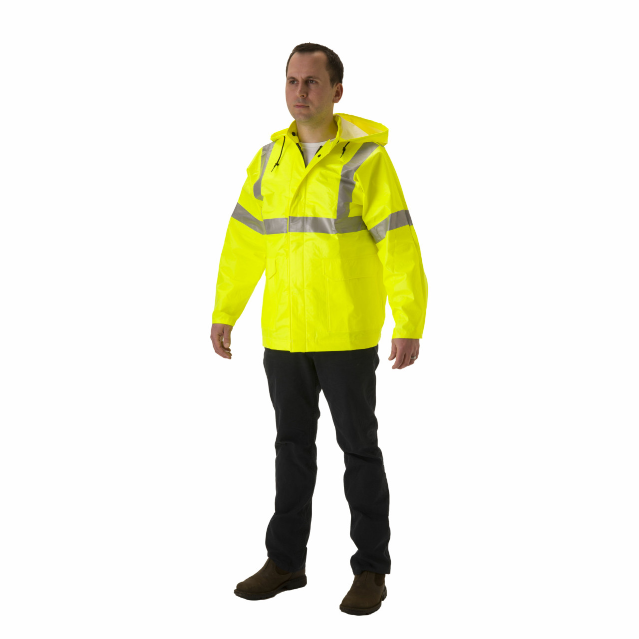 Lightweight FR Rain Jacket with Hood, Hi Vis Class 3 Rain Gear