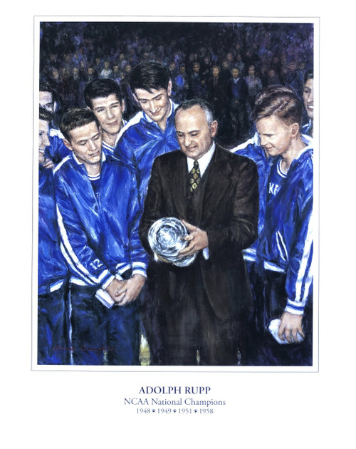 Coach Rupp and team admiring their 1949 Championship Trophy