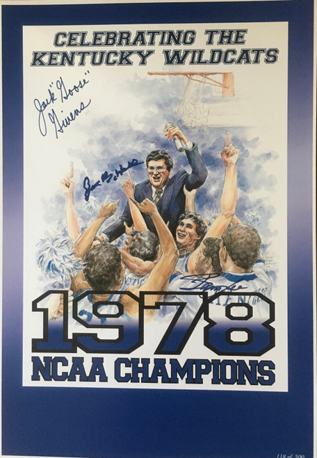 Celebration print signed by Joe B Hall, Jack Givens and James Lee
13"W x 19"H with Certificate of Authenticity