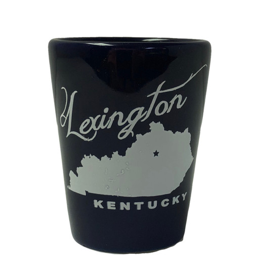 Lexington Kentucky Shot Glass 
cobalt blue with white lettering with state outline 2"W x 2.5"H