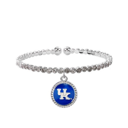 Flexible cuff bangle with crystals and round logo charm that dangles.