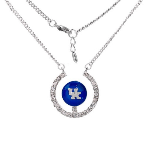 18" necklace with crystals and raised blue logo with white UK letters and silver