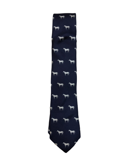 2.75"W x 56"Long, navy tie with white horse 100% silk