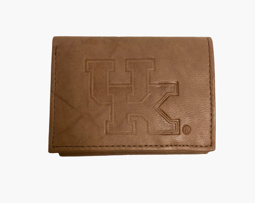 4"W x 3"H Trifold wallet leather, blue UK logo, 3 card and ID slots, and bill sleeve