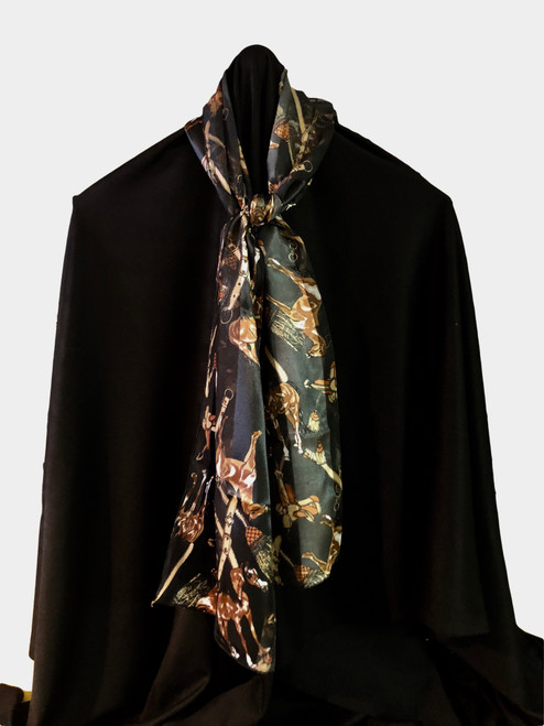 100% polyester with silk feel, brown/white horses and gold equestrian gear