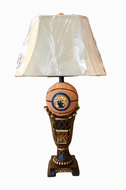 33" basketball trophy lamp with raised and painted logo, topped off with basketball finial