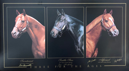 Print size: 32"W x 18"H by Photographer Tony Leonard, signed by Jockeys:
Ron Turcotte, Jean Cruguet, and Steve Cauthen