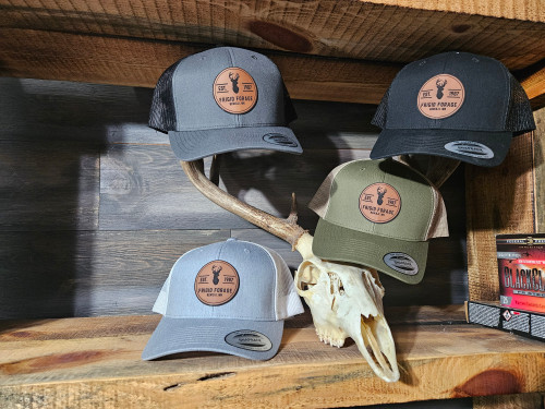 **New**    Frigid Forage Trucker Snapback hats with leather patch.     Heather/White