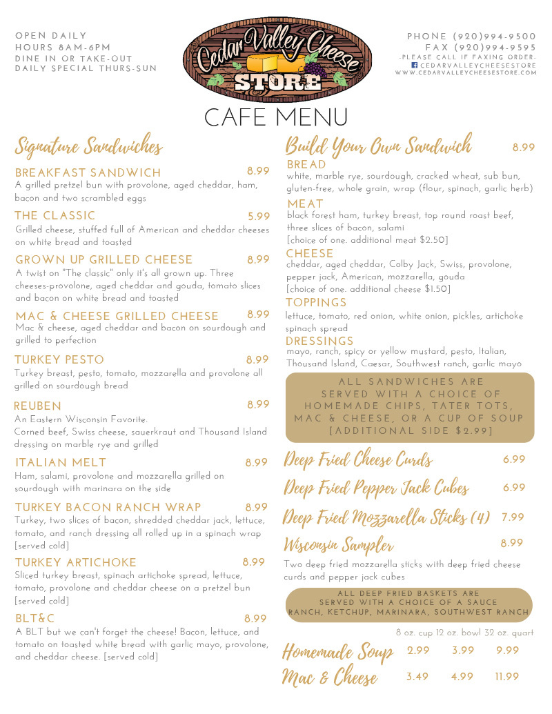 Cedar Valley Cheese Store cafe menu