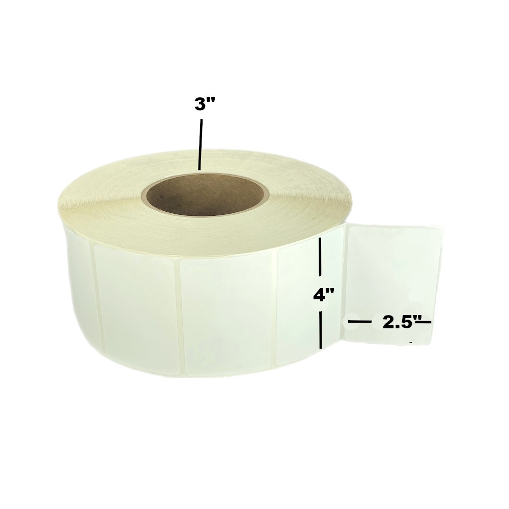 4" x 2.5", Thermal Transfer, Perforated, Roll, 3" Core, Coated, Premium, $21.69 per Roll in 4 Roll Case