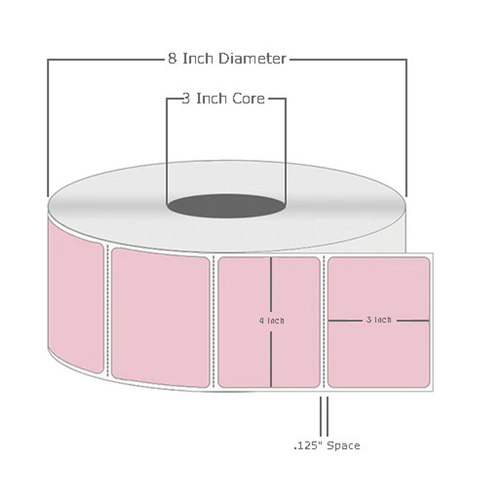 4" x 3", Thermal Transfer, Perforated, Roll, 3" Core, Coated, General Use, Pink, $29.50 per Roll in 4 Roll Case