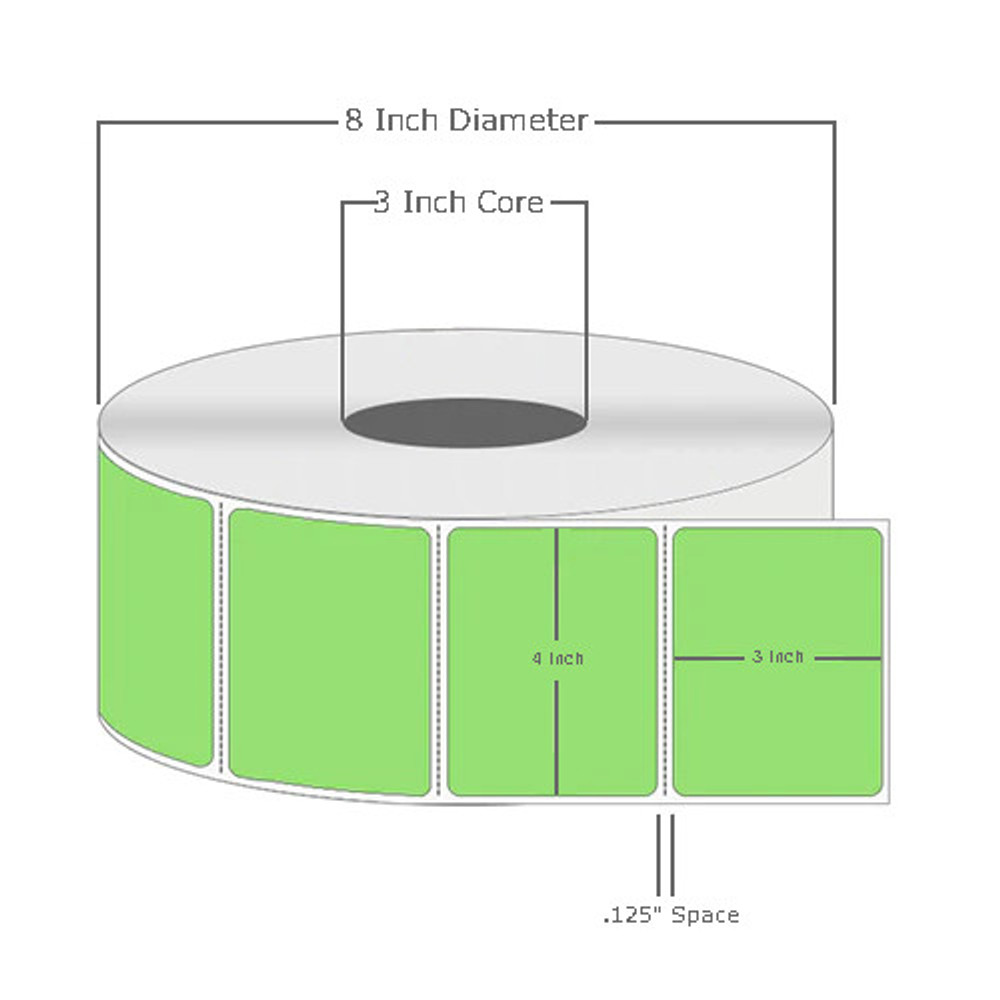 4" x 3", Thermal Transfer, Perforated, Roll, 3" Core, Coated, General Use, Fluorescent Green, $29.50 per Roll in 4 Roll Case