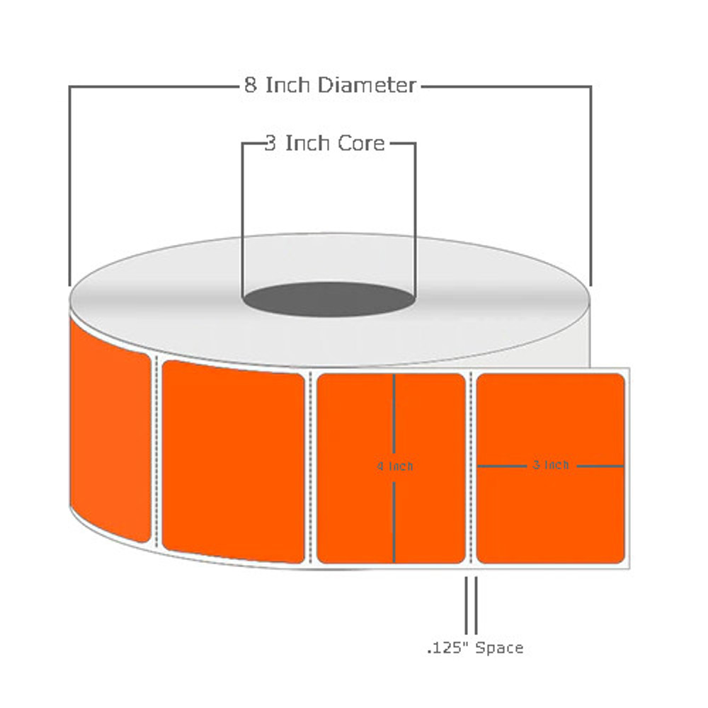 4" x 3", Thermal Transfer, Perforated, Roll, 3" Core, Coated, General Use, Fluorescent Orange, $29.50 per Roll in 4 Roll Case