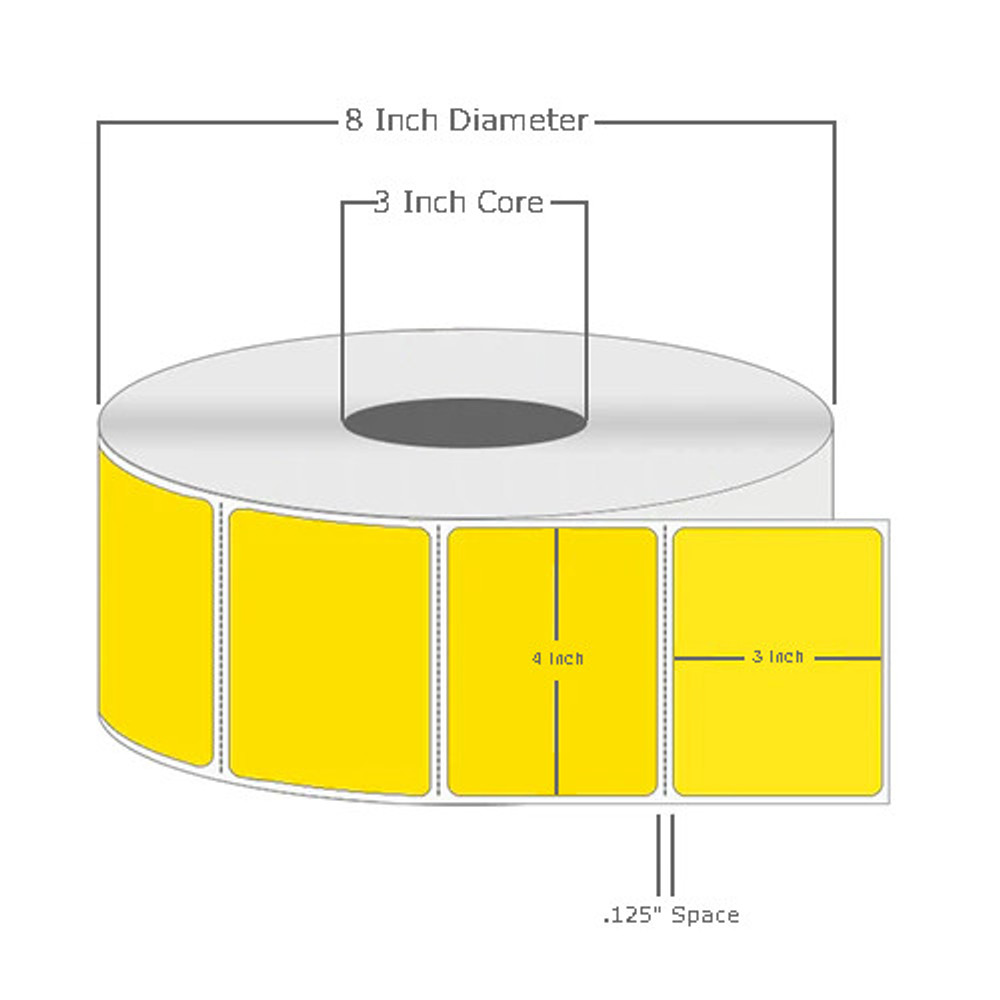 4" x 3", Thermal Transfer, Perforated, Roll, 3" Core, Coated, General Use, Pantone Yellow, $29.50 per Roll in 4 Roll Case