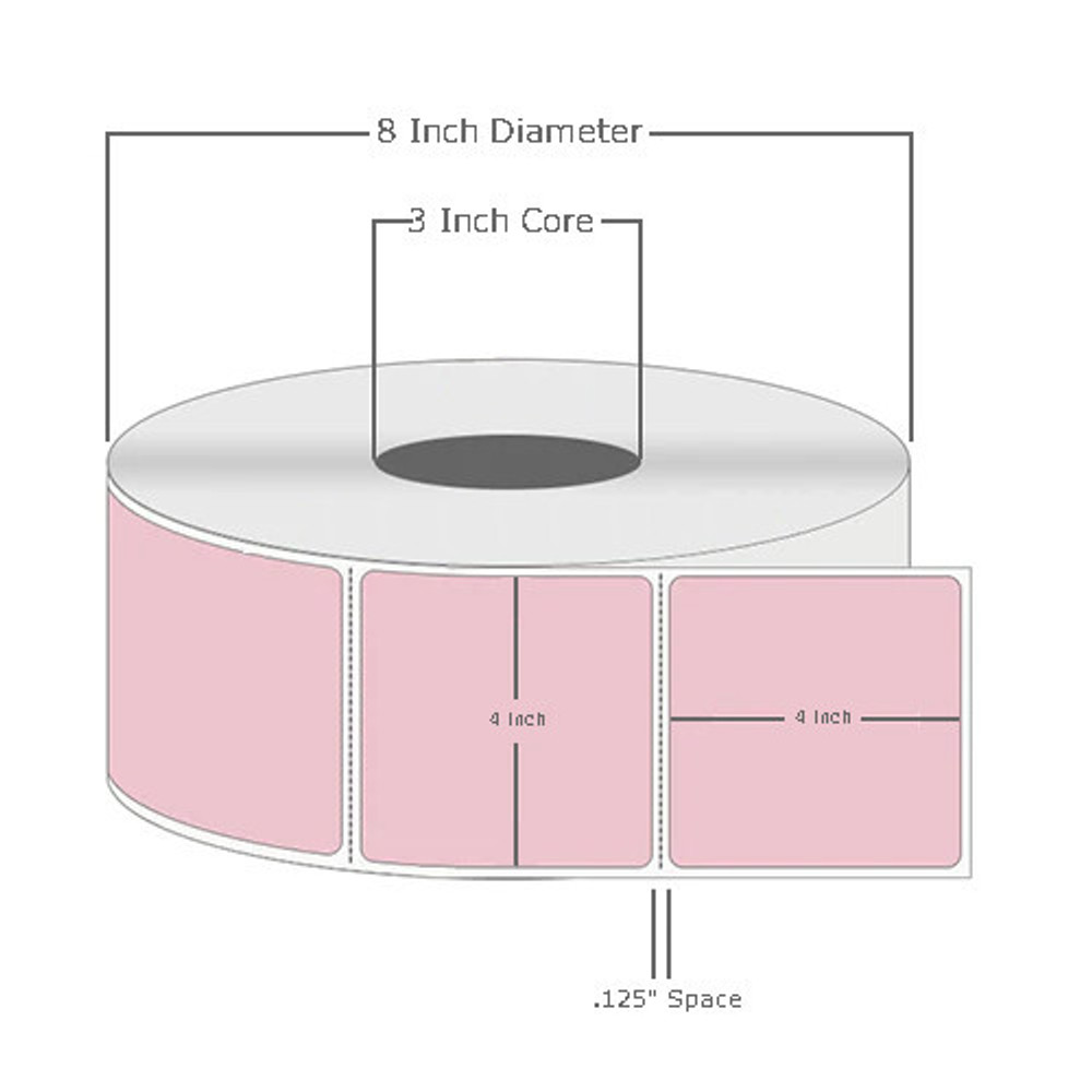 4" x 4", Thermal Transfer, Perforated, Roll, 3" Core, Coated, General Use, Pink, $33.25 per Roll in 4 Roll Case