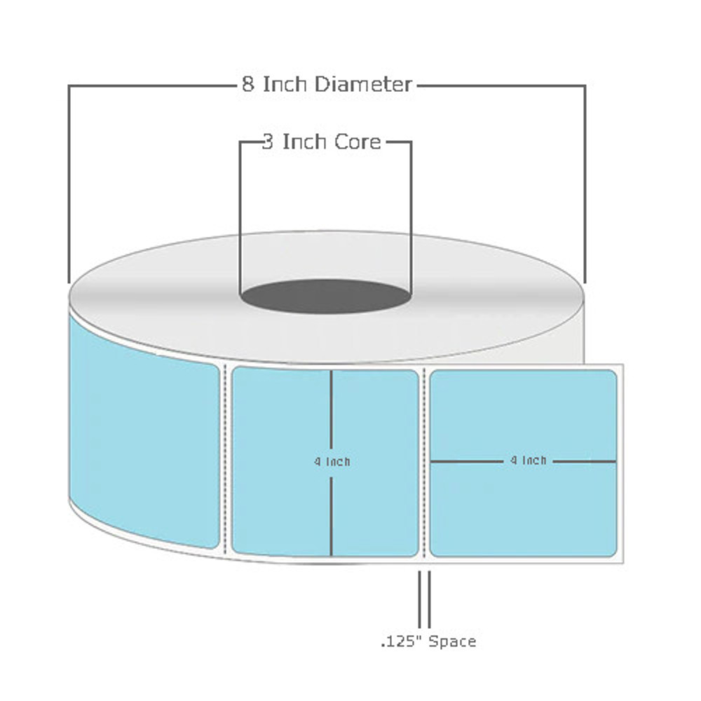 4" x 4", Thermal Transfer, Perforated, Roll, 3" Core, Coated, General Use, Blue, $33.25 per Roll in 4 Roll Case