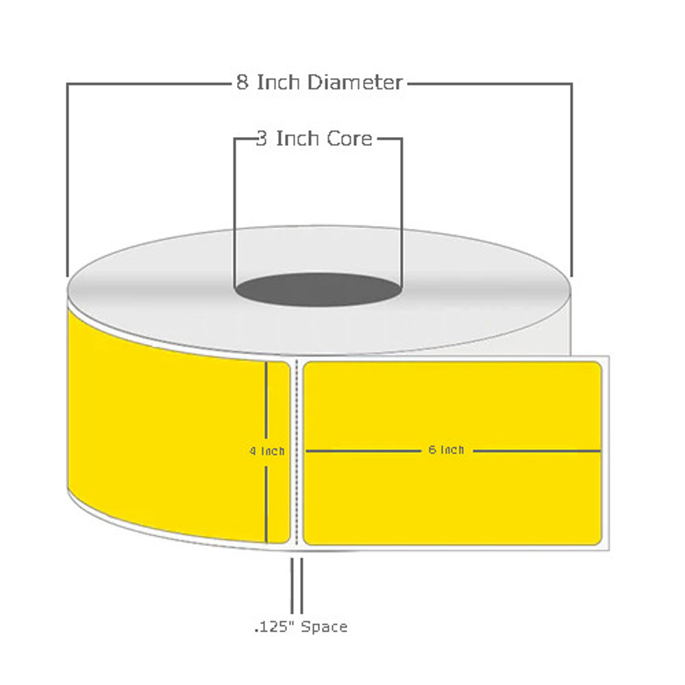 4" x 6", Thermal Transfer, Perforated, Roll, 3" Core, Coated, General Use, Pantone Yellow, $24.75 per Roll in 4 Roll Case