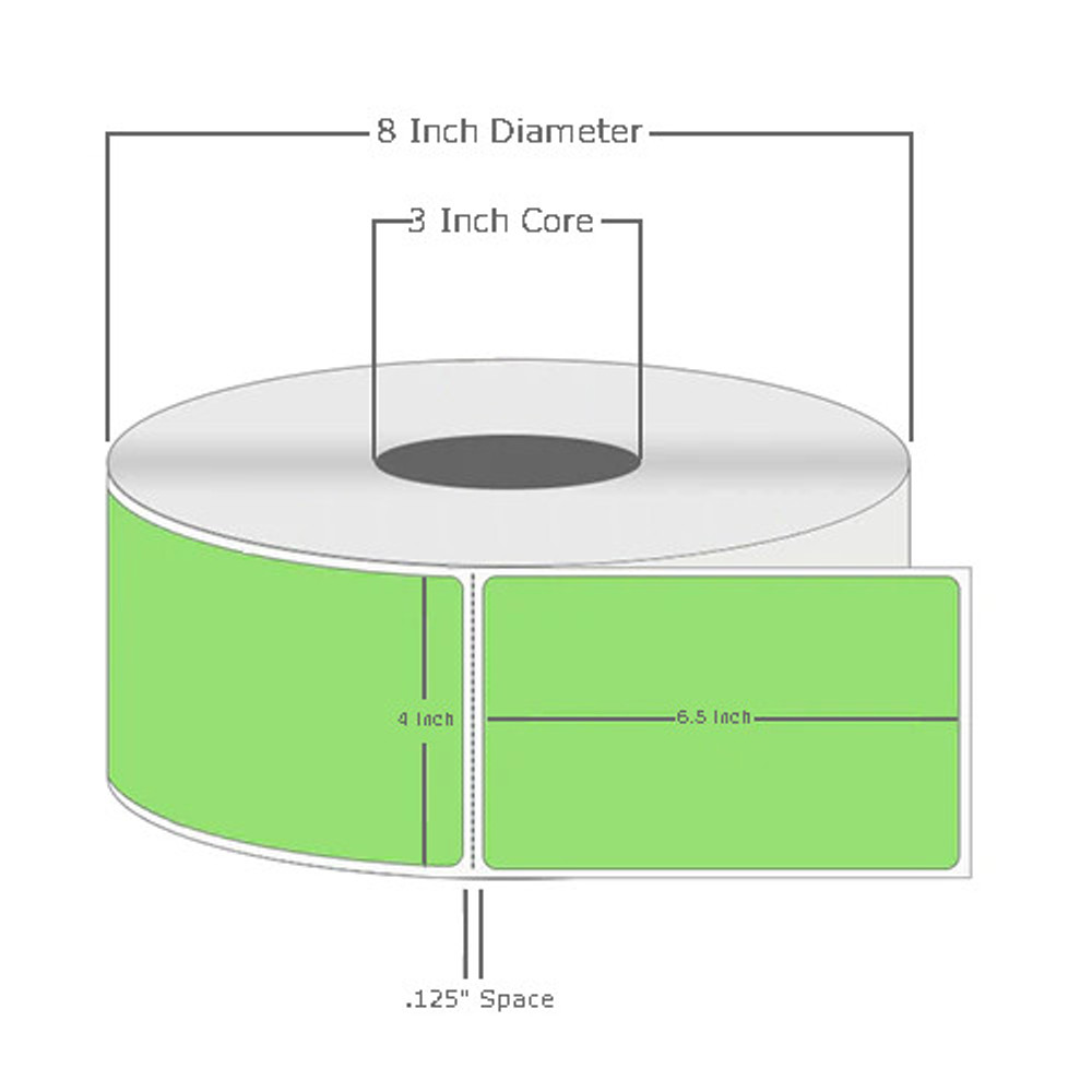 4" x 6.5", Thermal Transfer, Perforated, Roll, 3" Core, Coated, General Use, Fluorescent Green, $27.25 per Roll in 4 Roll Case