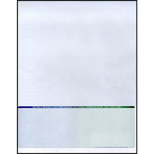 Check on Bottom, Single Perforation: 7 1/2” from Top, Blue to Green, 13 Security Features Check on Bottom, Single Perforation: 7 1/2” from Top, Blue to Green, 13 Security Features