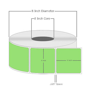 4" x 4", Thermal Transfer, Perforated, Roll, 3" Core, Coated, General Use, Fluorescent Green, $33.25 per Roll in 4 Roll Case 4" x 4", Thermal Transfer, Perforated, Roll, 3" Core, Coated, General Use, Fluorescent Green, $33.25 per Roll in 4 Roll Case