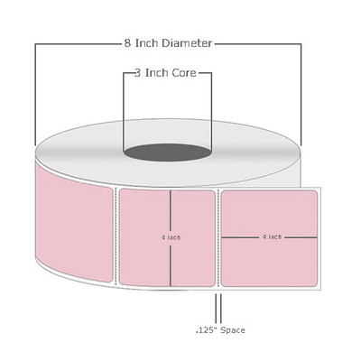 4" x 4", Thermal Transfer, Perforated, Roll, 3" Core, Coated, General Use, Pink, $33.25 per Roll in 4 Roll Case