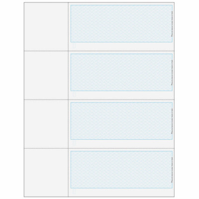 Checks, 4 per Sheet, 3 Perforations: 2 ¾", 5 ½" and 8 ¼” From Top of Check, Blue, 5 Security Features