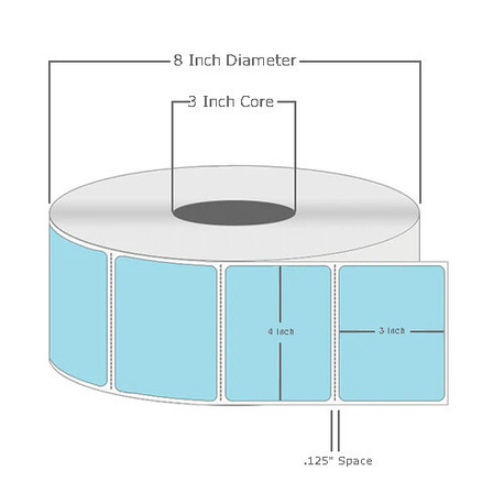 4" x 3", Thermal Transfer, Perforated, Roll, 3" Core, Coated, General Use, Blue, $29.50 per Roll in 4 Roll Case