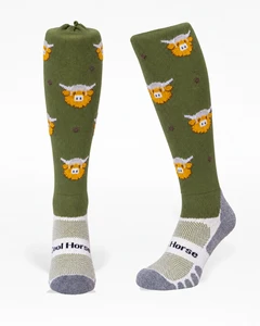 Green Highland Cow horse riding socks – front and side views
