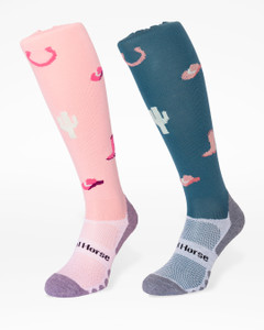 Cowgirl Boots & Cactus horse riding socks in dusty pink with pink cowboy boots, horseshoes and cactus design and teal blue with pink cowboy boots, horseshoes and cactus design.