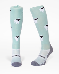 Sheep horse riding socks in mint green with fluffy sheep design and Coolmax® performance foot.