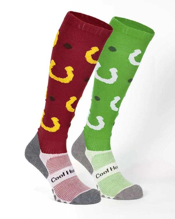 Wishing I Was Lucky… Luck isn’t just given; it’s earnt through the bond between rider and horse. With the right balance, care, and communication, that close-contact connection grows. The Wishing I Was Lucky technical riding sock by Coolhorse is here to support that bond. Made with hardwearing COOLMAX® fabric, these socks wick away moisture and stay secure in the boot. Be lucky… it always helps.