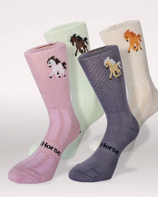 Free Rein Shorty horse riding socks in Petal pink, Mint green, Lavender purple and Oat cream