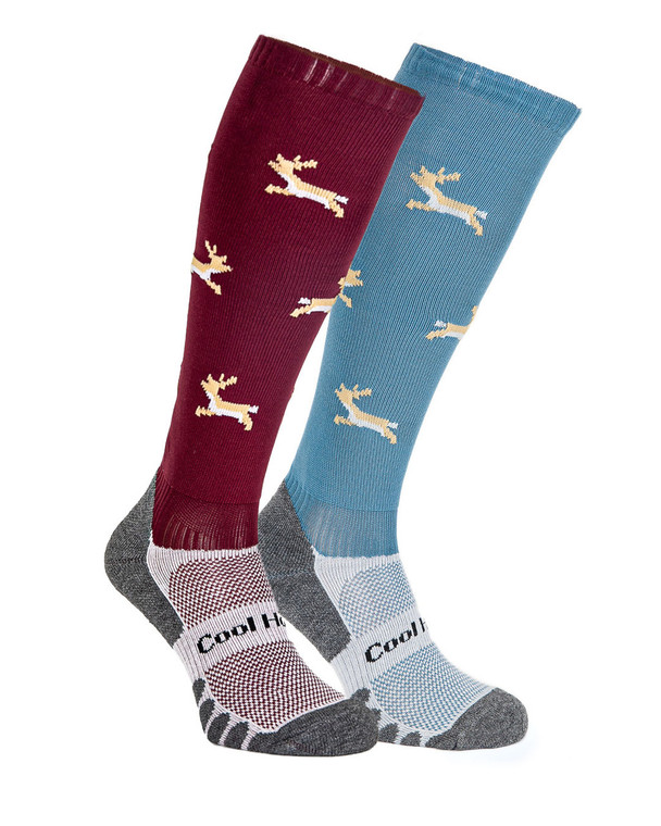These horse riding socks come in burgundy and blue, and feature adorable reindeer with a Rudolf pattern. Perfect for equestrian enthusiasts who want to add a touch of festive charm to their riding gear.