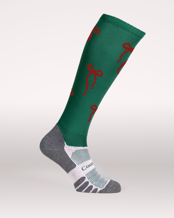 Festive Bow Riding Socks, British-made technical socks in forest green with red bows, designed for comfort, performance, and a touch of Christmas cheer.