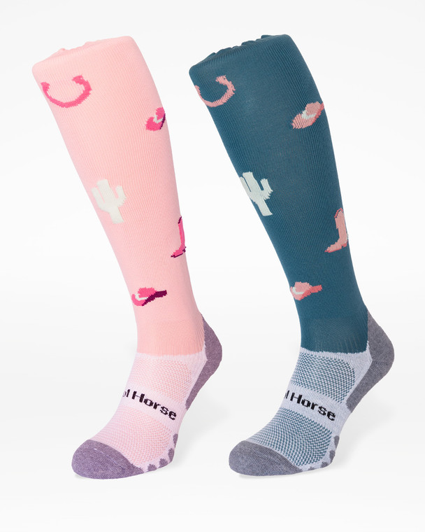 Cowgirl Boots & Cactus horse riding socks in dusty pink with pink cowboy boots, horseshoes and cactus design and teal blue with pink cowboy boots, horseshoes and cactus design.
