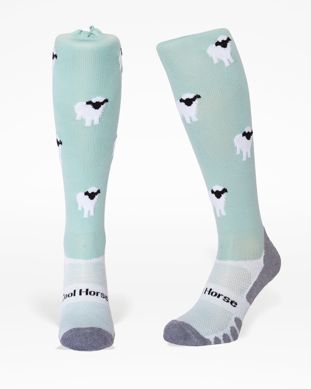 Sheep horse riding socks in mint green with fluffy sheep design and Coolmax® performance foot.