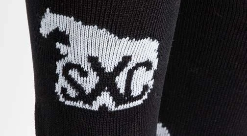 White horse club emblem knitted into black bespoke riding socks