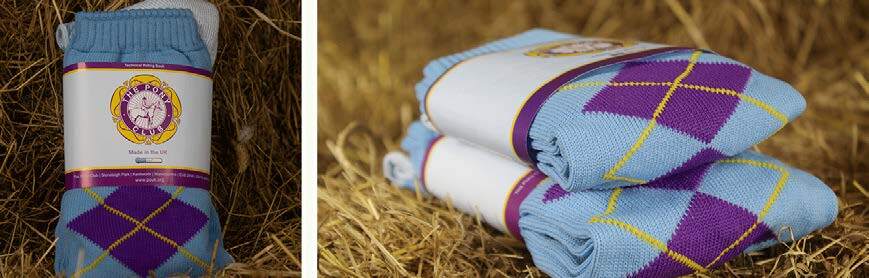 Light blue and purple argyle Pony Club socks with branded wrap packaging