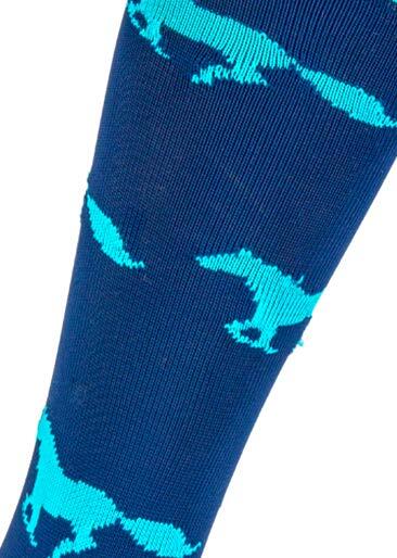 Turquoise horse silhouettes knitted into navy custom riding socks
