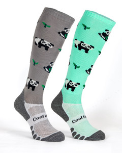 These socks feature a charming pattern of pandas enjoying their bamboo meals, adding a playful touch to your outfit. Available in refreshing mint and soft grey, these stylish socks are perfect for any horse ride outfit.