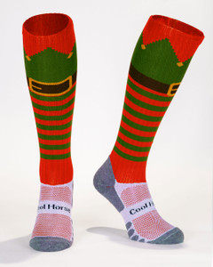 Embark on a merry adventure with 'Jingle the Elf's Socks' from CoolHorseSocks.co.uk! Dive into the festive spirit with these fun riding socks featuring lively stripes, a fashionable belt design, and playful bells ringing at the top. Make your ride as jolly as Santa's sleigh, and strut in style with these high-quality, holiday-inspired socks