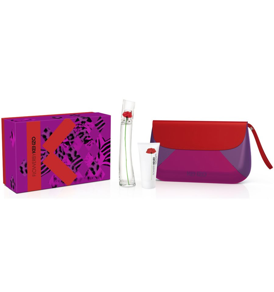 KENZO FLOWERS 3 PCS SET: 1.7 EDP SP + 1.7 BODY LOTION + PURSE