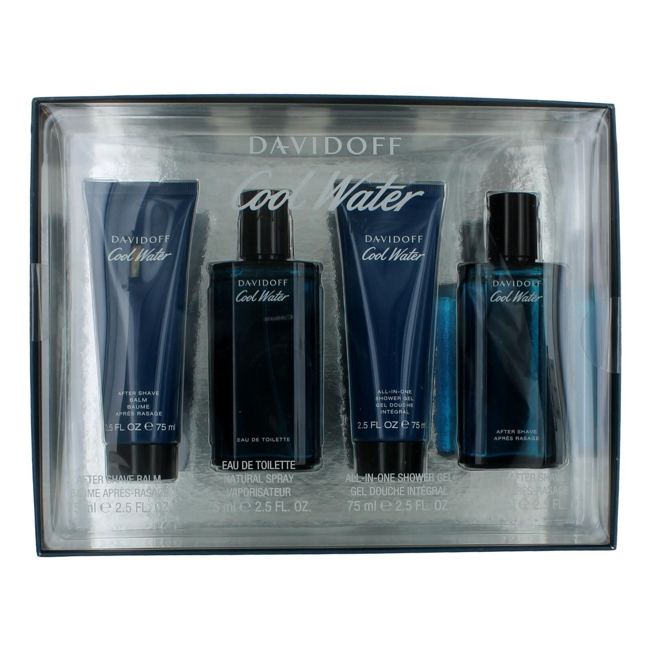 COOLWATER 4 PCS SET FOR MEN: 2.5 EAU DE TOILETTE SPRAY + 2.5 AFTER SHAVE  (GLASS) + 2.5 ALL-IN-ONE SHOWER GEL + 2.5 AFTER SHAVE BALM - ScentsWorld