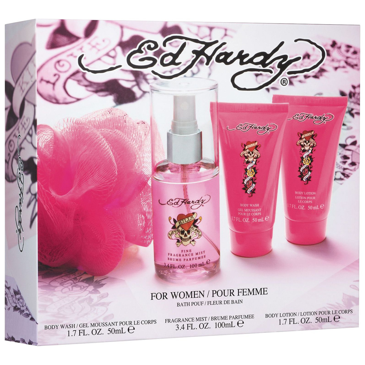 ED HARDY 4 PCS SET FOR WOMEN 3.4 FRAGRANCE MIST 1.7 BODY LOTION