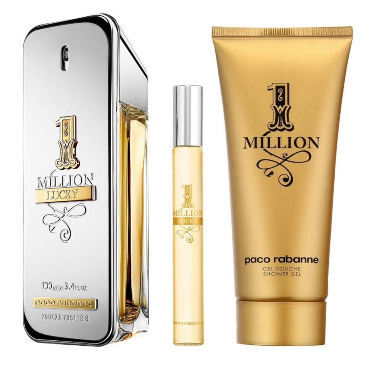 PACO RABANNE ONE MILLION LUCKY 3 PCS SET FOR MEN: 3.4 EAU DE TOILETTE SPRAY  + 0.34 EAU DE TOILETTE SPRAY + 3.4 SHOWER GEL. - ScentsWorld