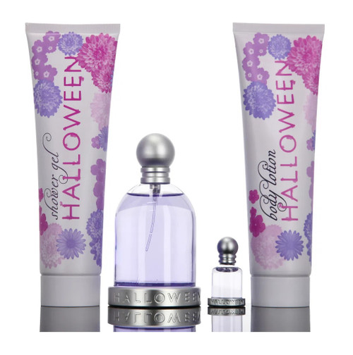 HALLOWEEN 4 PCS SET: 3.4 EAU DE TOILETTE SPRAY + 4.5 ML EAU DE TOILETTE MINI + 5 OZ BODY LOTION + 5 OZ SHOWER GEL (HARD BOX)