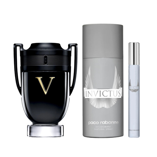 PACO RABANNE INVICTUS VICTORY 3 PCS SET FOR MEN: 3.4 EAU DE PARFUM + 5 OZ DEODORANT SPRAY + 0.34 EAU DE PARFUM